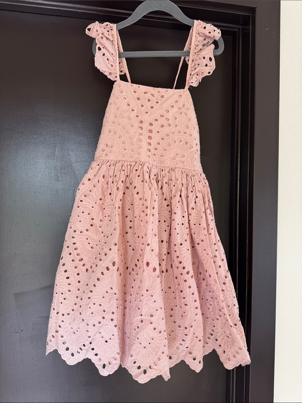 Girls Blush Pink Eyelet Party Dress with Ruffle Straps